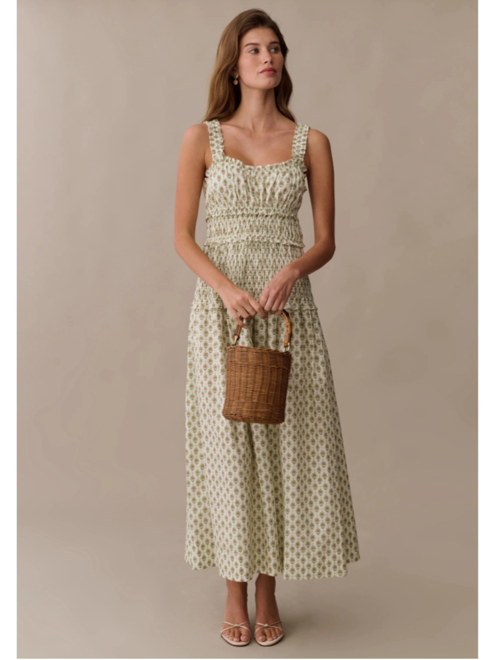 Women's o.p.t Freya Cotton Dress Midi Dress Size M White Green Floral Smocked